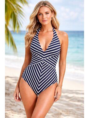 Lauren Ralph Lauren Halter Top Striped 1 piece Swim Suit Size 14 Cruise Beach